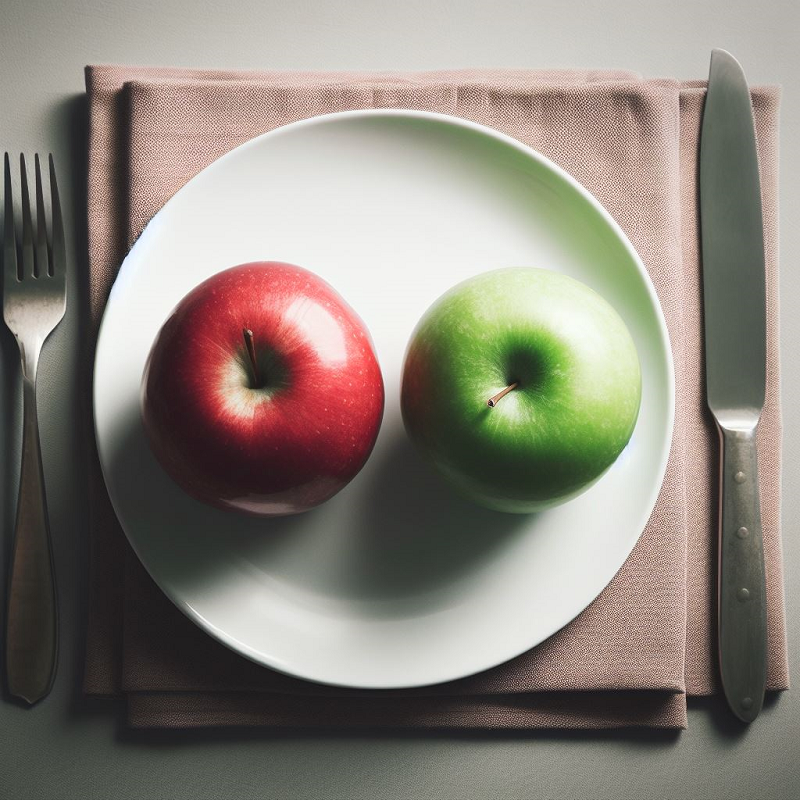 AI generated image of dinner plate containing one red apple and one green apple